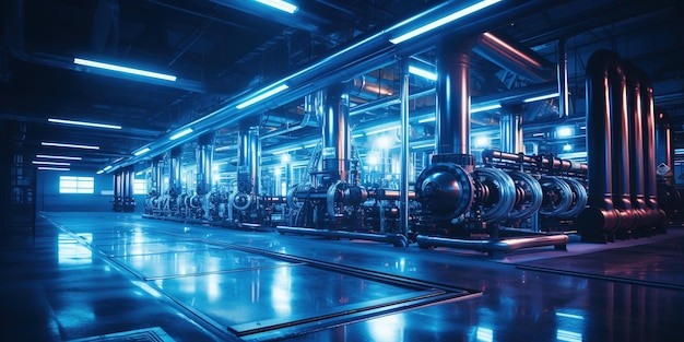 Clean shining interior of the plant Thick blue pipes system lit with neon light