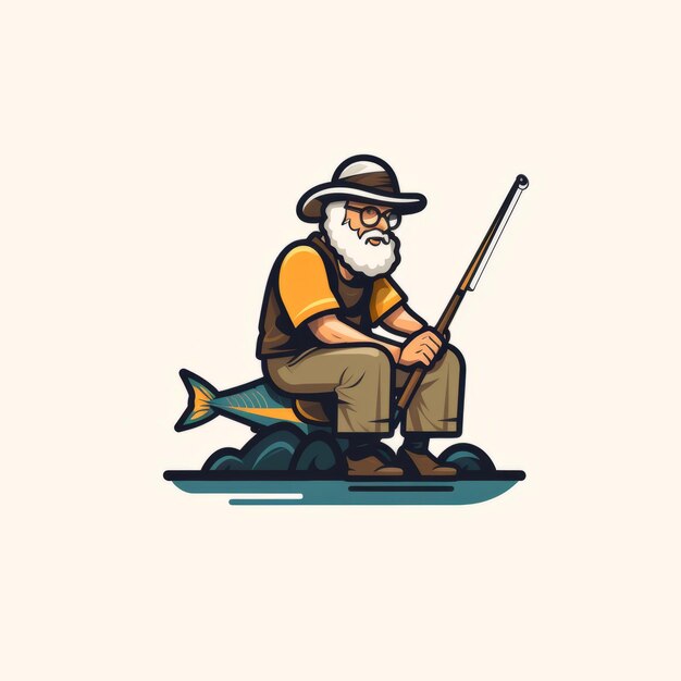 Photo clean simple logo of an old man fishing