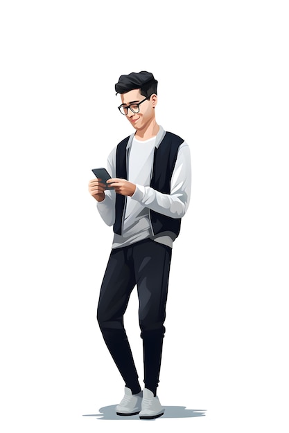 Чистая и простая иллюстрация мужского персонажа со смартфоном. Инструменты генеративного ИИ.