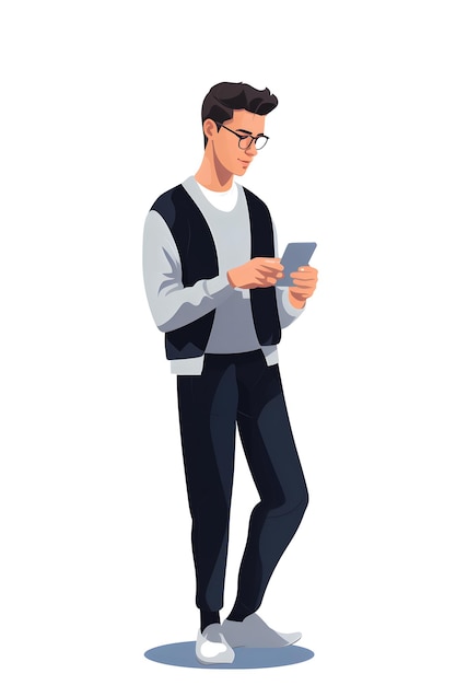 Чистая и простая иллюстрация мужского персонажа со смартфоном. Инструменты генеративного ИИ.