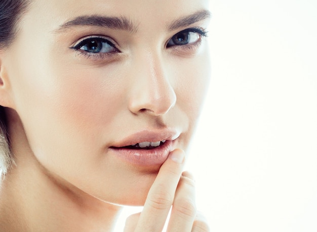 Clean skin woman natural makeup beauty healthyskin isolated on white. Studio shot.