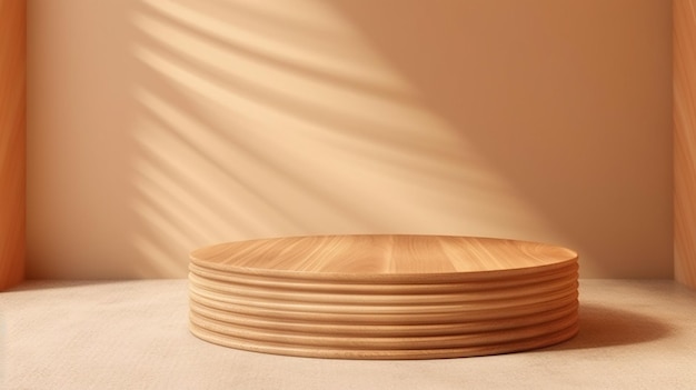 Clean smooth round teak wooden podium beautiful wood grain in sunlight Generative AI
