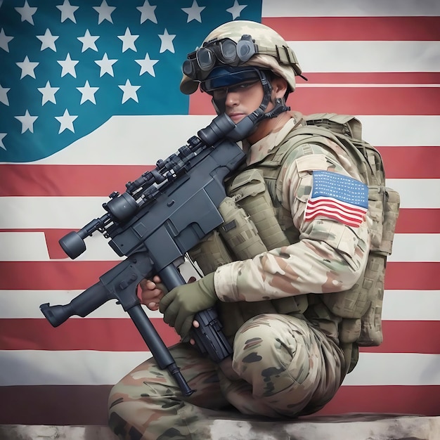 国旗を掲げた機関銃を握る清潔な兵士 コンセプト シンプルなスケッチ