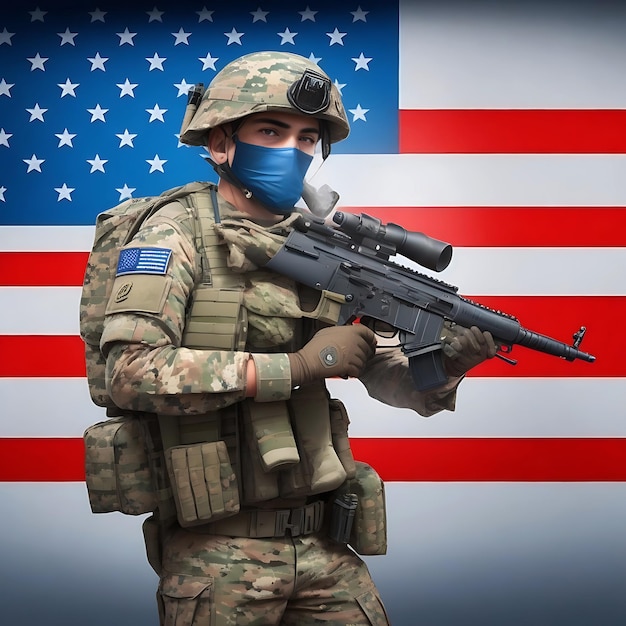 Clean Soldier holding machine gun with national flag Concept Simple sketches