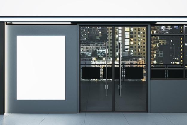 Clean storefront with empty white wide mock up banner and night city window reflections Mock up 3D Rendering