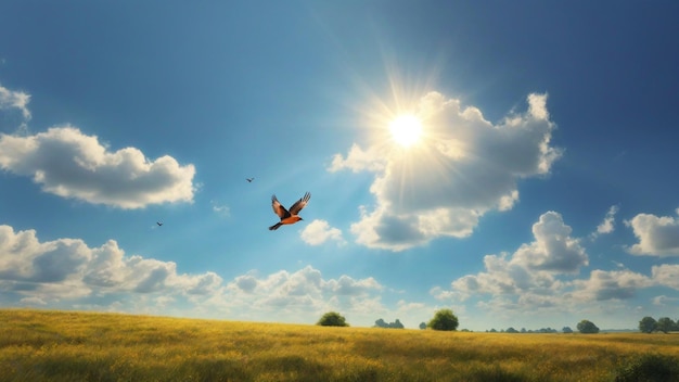 空の自然の背景に鳥が飛んでいる晴れた空の風景写真