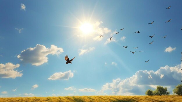 하늘의 자연 배경에 날아다니는 새들과 함께 깨 ⁇ 한  ⁇ 은 하늘 풍경 사진