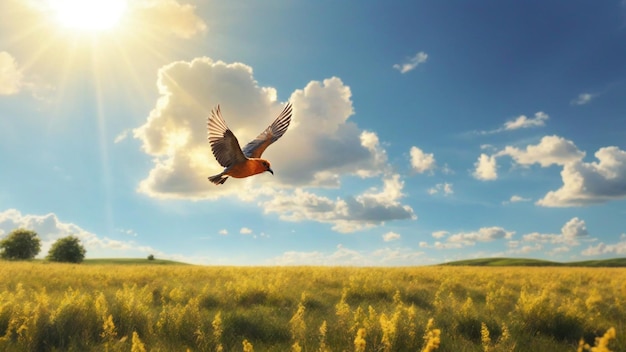 空の自然の背景に鳥が飛んでいる晴れた空の風景写真