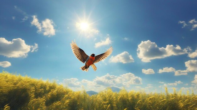 A clean sunny sky landscape photo with birds flying on sky nature background