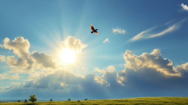 Чистая солнечная пейзажная фотография с птицами, летающими на небе на фоне природы