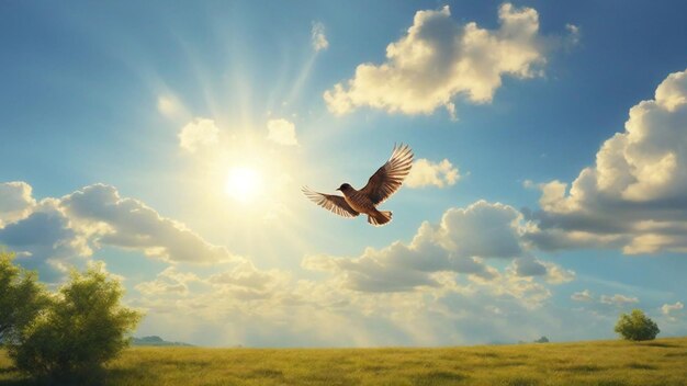 空の自然の背景に鳥が飛んでいる晴れた空の風景写真