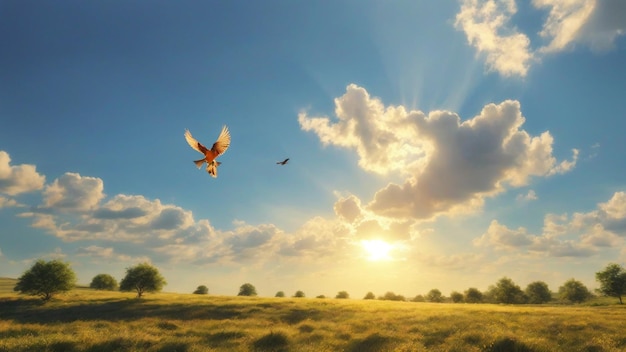 A clean sunny sky landscape photo with birds flying on sky nature background