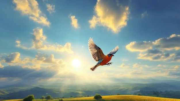 Photo a clean sunny sky landscape photo with birds flying on sky nature background