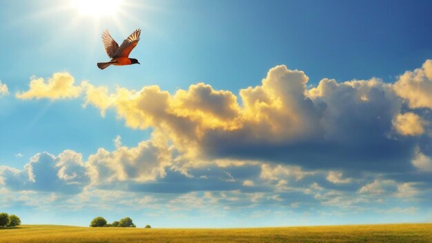 Photo a clean sunny sky landscape photo with birds flying on sky nature background