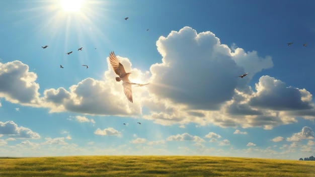 Чистая солнечная пейзажная фотография с птицами, летающими на небе на фоне природы