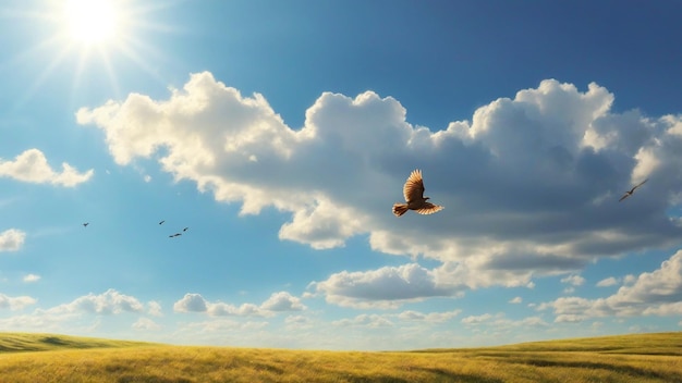 A clean sunny sky landscape photo with birds flying on sky nature background