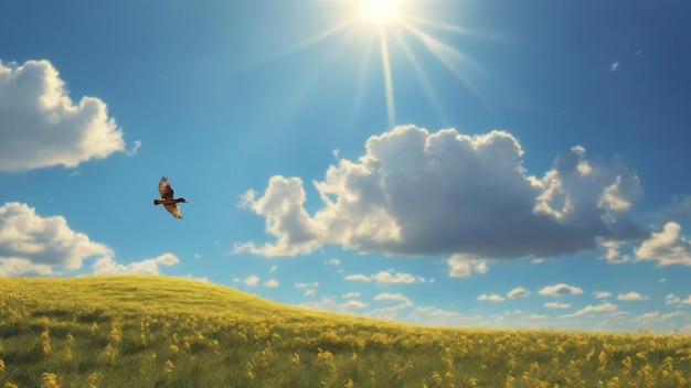 空の自然の背景に鳥が飛ぶ晴れた空の風景写真