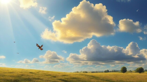 Photo a clean sunny sky landscape photo with birds flying on sky nature background