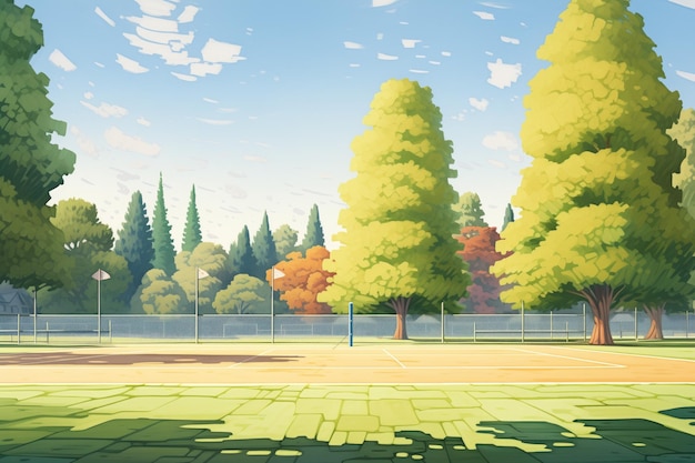 A clean tennis court surface with shadows of surrounding trees