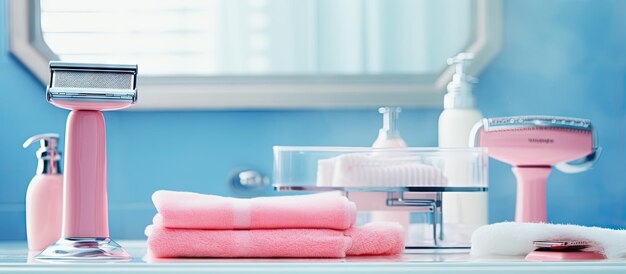 핑크색과 파란색 면도기와 비누로 싱크대를 깔끔하게 정리하세요.