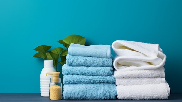 Чистые полотенца и моющее средство в прачечной или ванной
