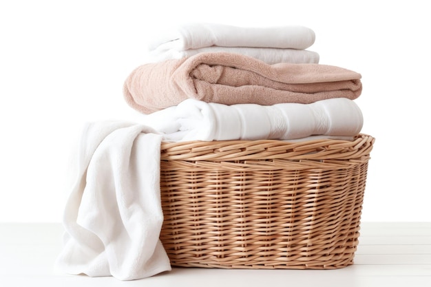 Clean towels on white background inside a wicker laundry basket