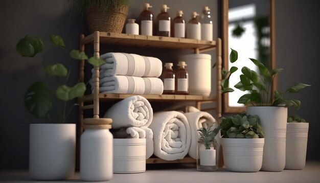 Clean towels with a soap dispenser on a shelf in the bathroom