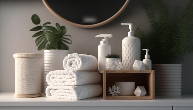 Clean towels with a soap dispenser on a shelf in the bathroom