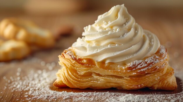 Clean and understated photo evoking a sense of bliss with a whipped creamtopped pastry