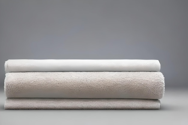 Чистые белые сложенные полотенца разного размера, красиво и аккуратно складываются друг в друга для фитнес-ванны, плавательного массажа и спа-маркетинга, фон и дизайн материала, выделенные на сером фоне