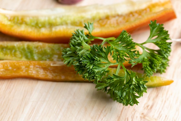 Clean washed parsley on the table during cooking natural parsley grass as a spice in cooking