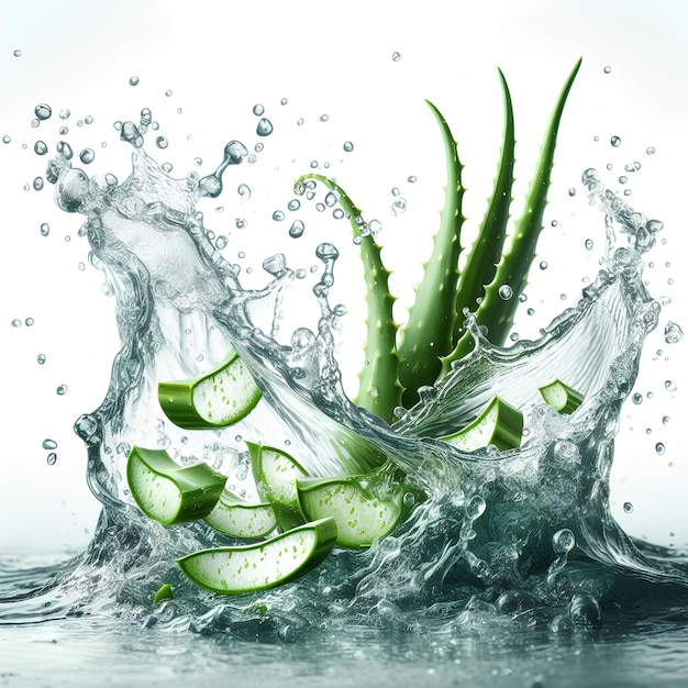 Фото Чистая вода брызги с листьями мяты алоэ кусочки и брызги в водяной волне изолированы на белом