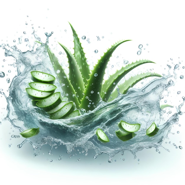 Clean water splash with mint leaves aloe slices and splatters in water wave isolated on white