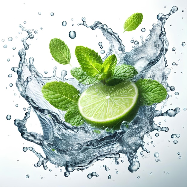 Clean water splash with mint leaves and lime slice and splatters in water wave isolated on white