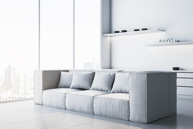clean white couch in kitchen with panoramic window and city view 3d rendering