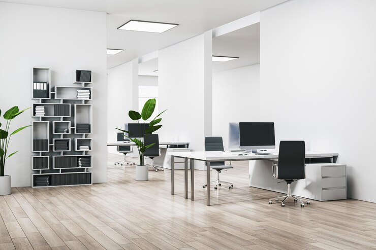 Photo clean white coworking office hallway interior with furniture equipment and mock up place on walls 3d rendering