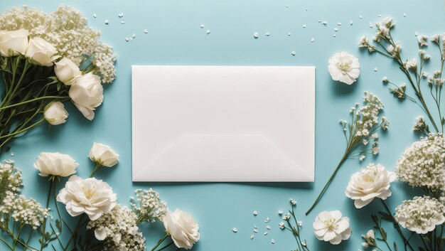 Clean white envelope on a clean background among beautiful flowers