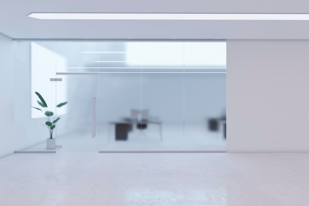 Clean white glass office interior with mock up place on empty concrete wall 3D Rendering