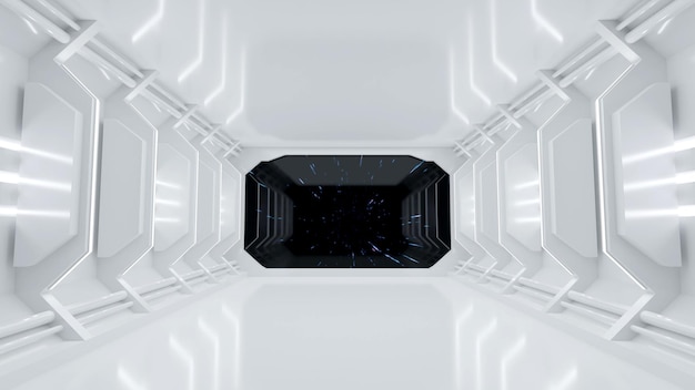 Чистый белый зал пуст, украшен белым неоновым 3D-рендерингом.