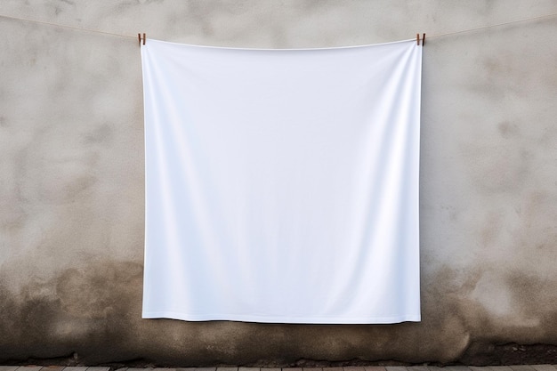 Foto asciugatura di fogli bianchi puliti su una linea lavanderia con spilli per i vestiti su una corda all'aperto linea di lavanderia a secco pulita spazio vuoto per il modello di testo