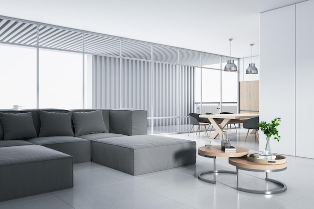 Clean white studio interior with panoramic window and city view furniture and daylight 3D Rendering