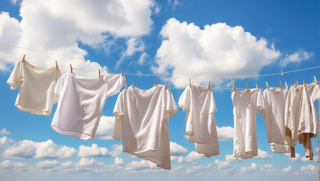 Photo clean white tshirt is drying on a clothesline against the sky