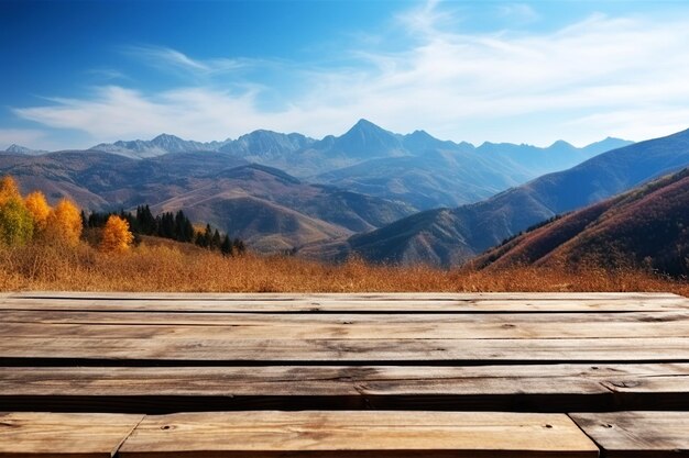 Clean wooden background Against the background of mountains green grass and clouds Generative AI illustration space for text