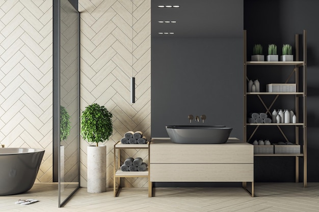 Clean wooden bathroom with blank wall