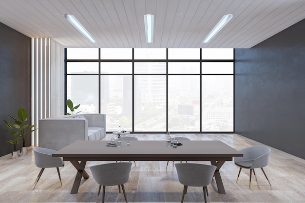 Чистый деревянный и бетонный интерьер гостиной с окном с видом на город и мебелью 3D Rendering