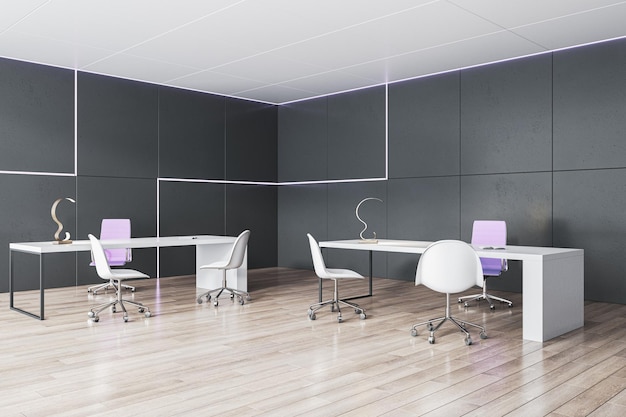 Чистый деревянный и бетонный офисный интерьер с мебелью 3D Rendering