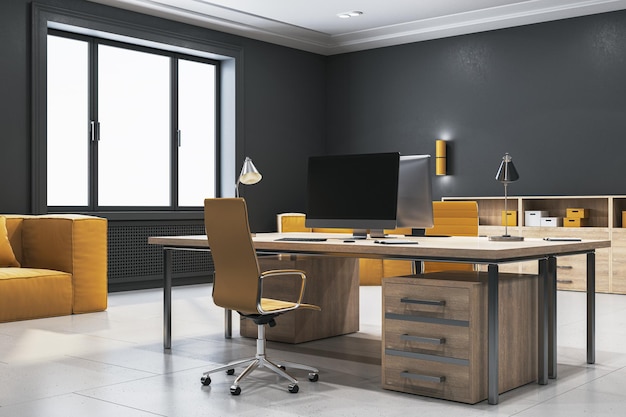 clean wooden and gray coworking office interior with window and city view workplace concept 3d rendering