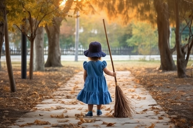 Cleaner child broom clean park Generate Ai