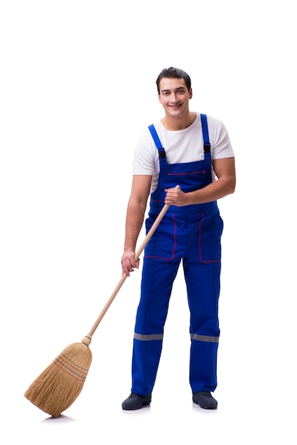 Cleaner at construction site isolated on white