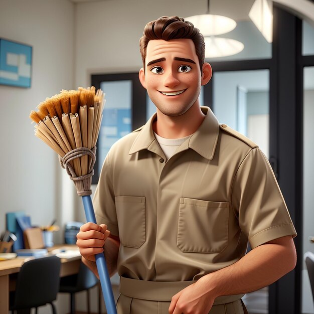 Cleaner man in uniform holding a broom and smiling